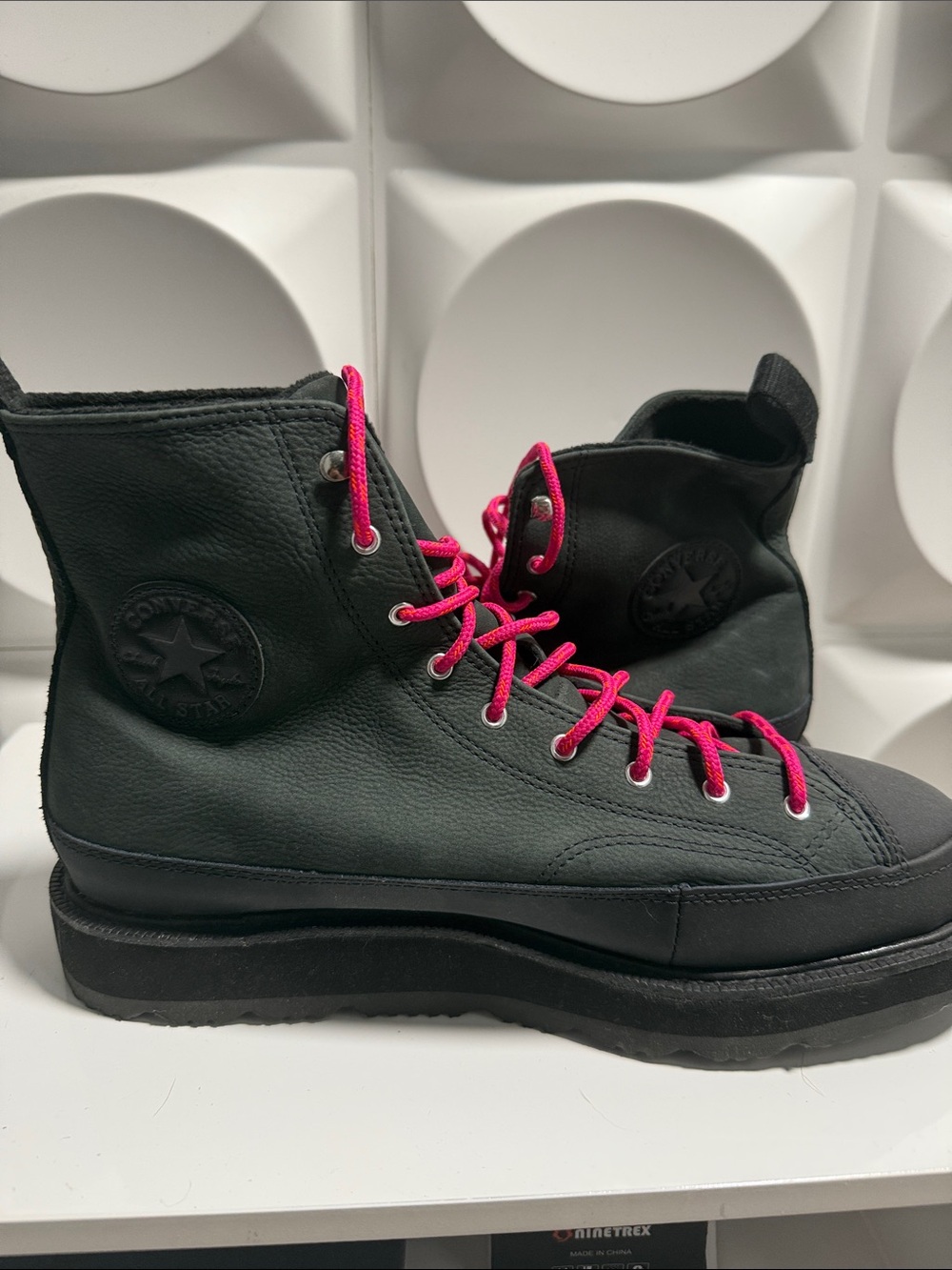 Converse Black Leather Lace-Up Platform Boots with Hot Pink Laces